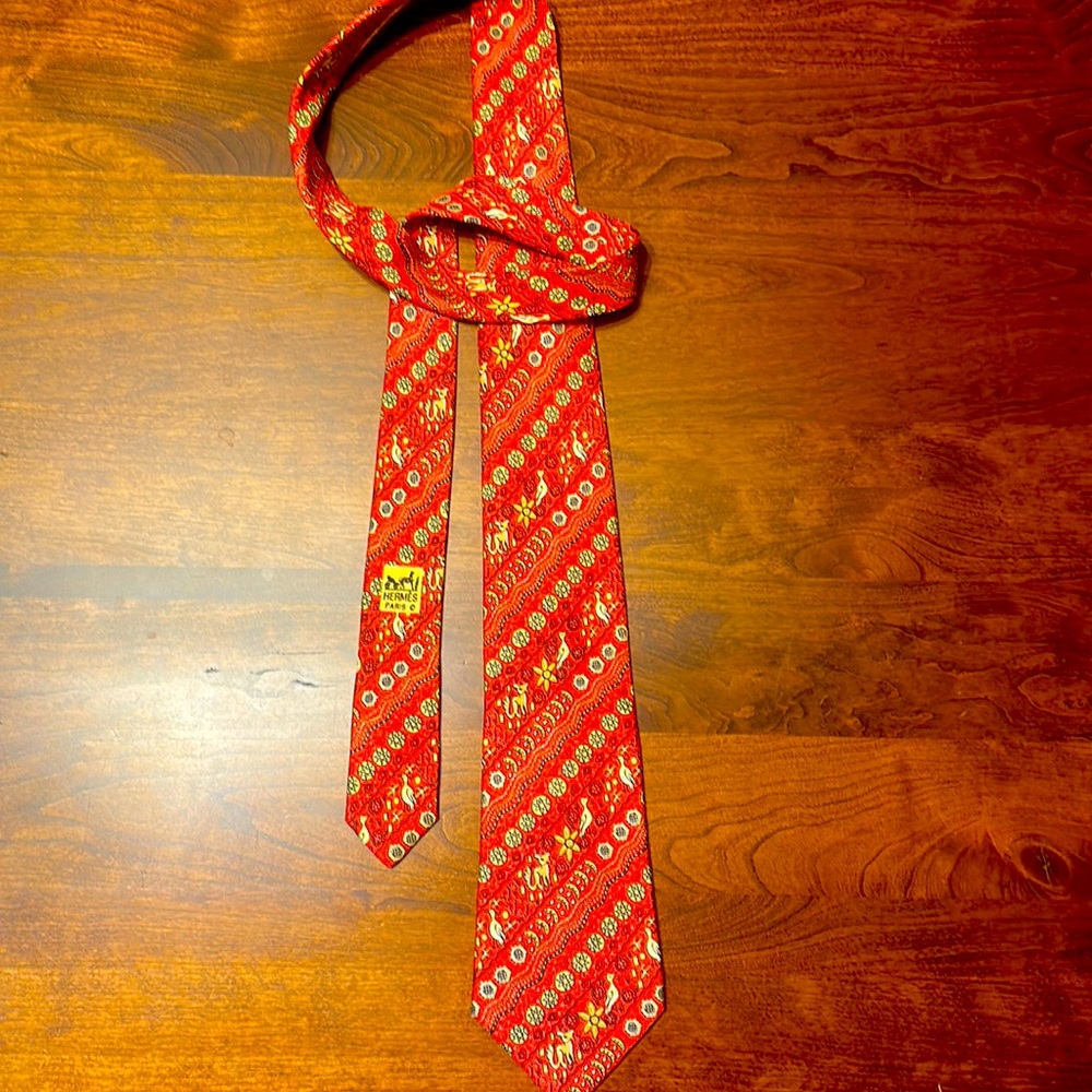 Hermes red animal motif tie